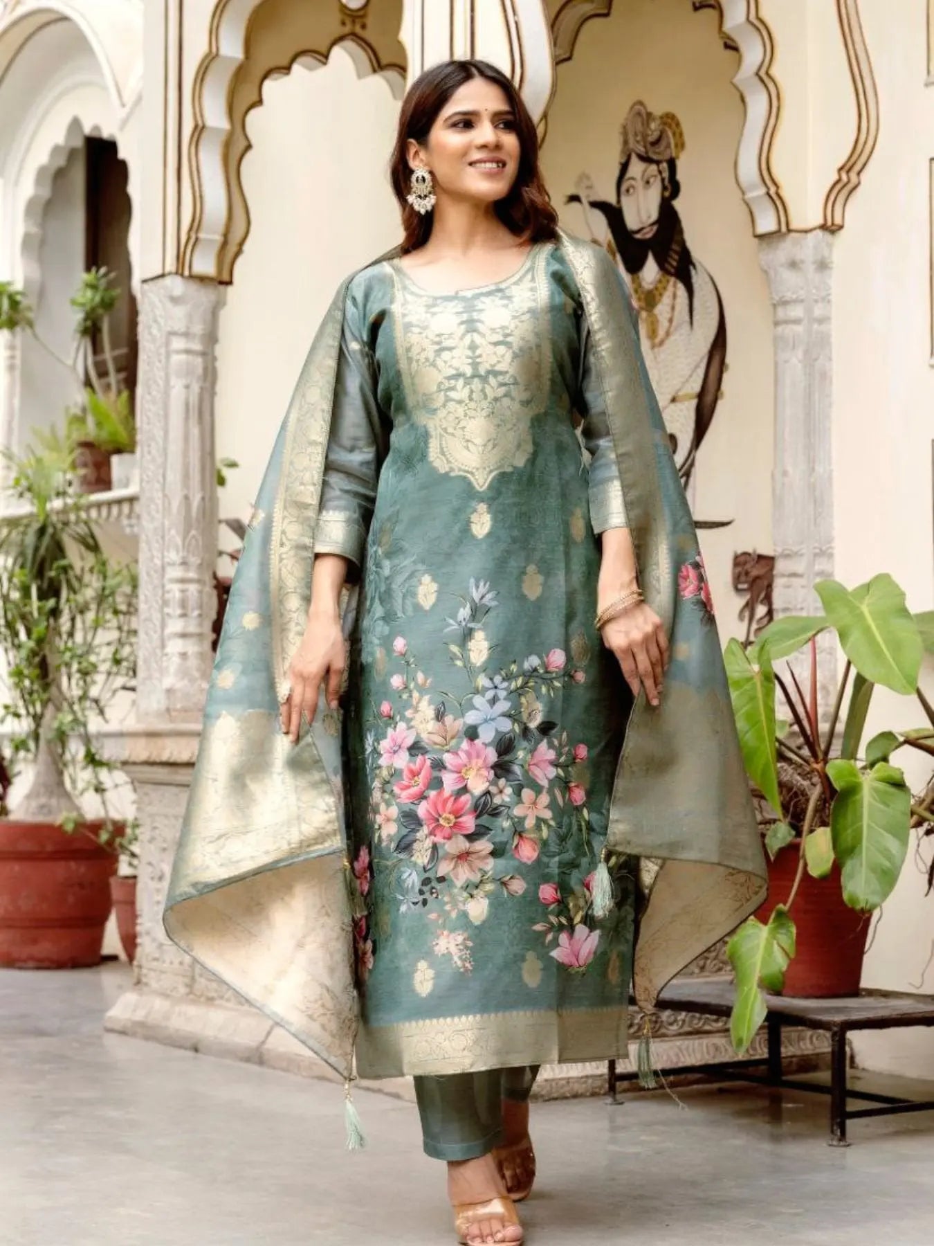 Chanderi Cotton Kurta Set with Printed Dupatta and Viscose Bottom Elegant Party Outfit RE