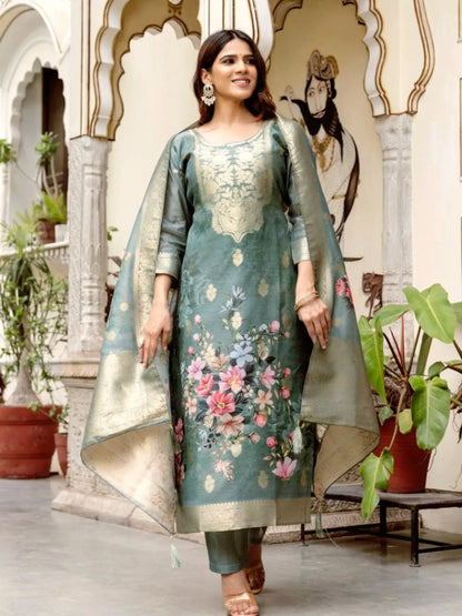 Chanderi Cotton Kurta Set with Printed Dupatta and Viscose Bottom Elegant Party Outfit RE