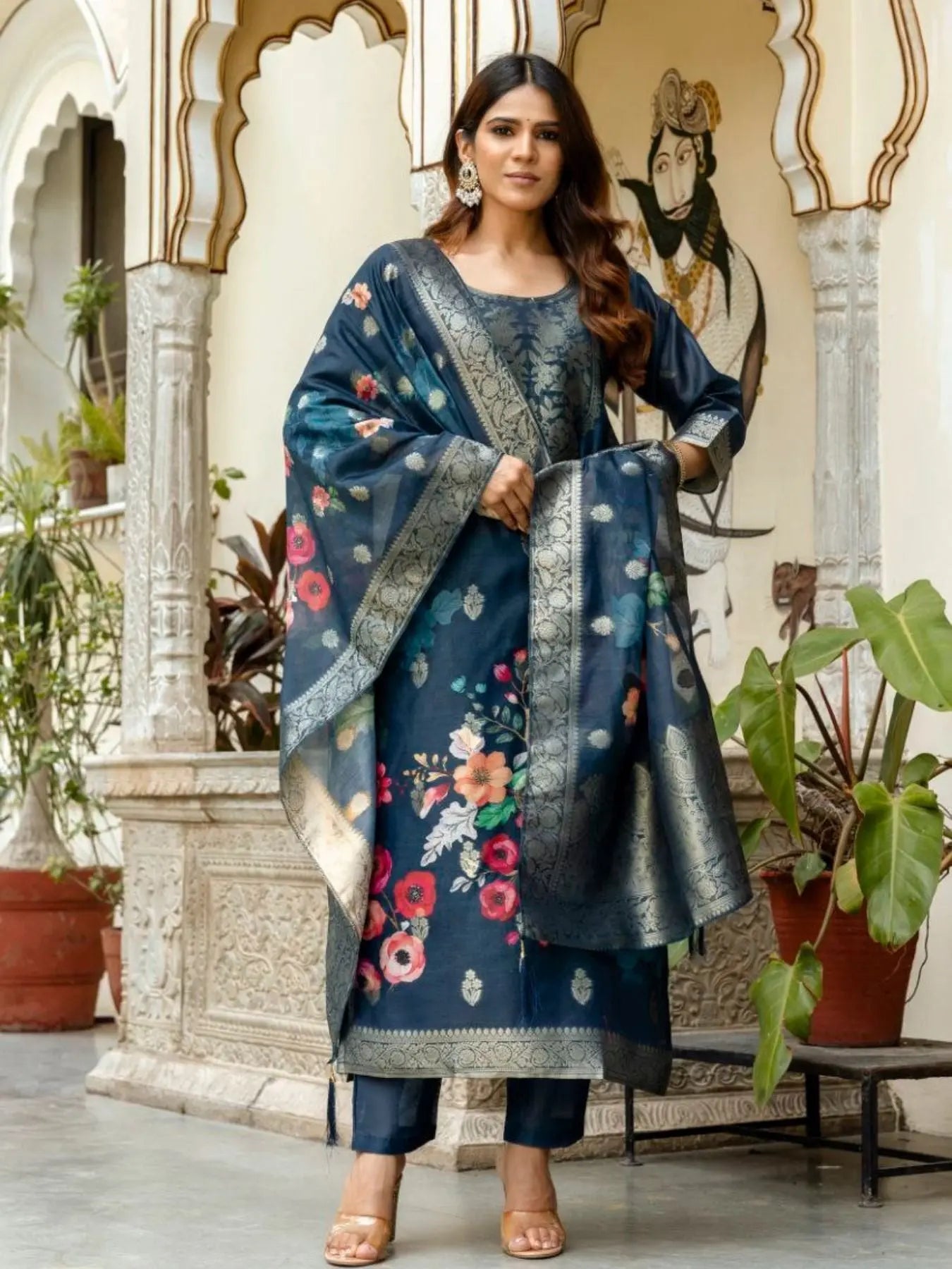 Chanderi Cotton Kurta Set with Printed Dupatta and Viscose Bottom Elegant Party Outfit RE