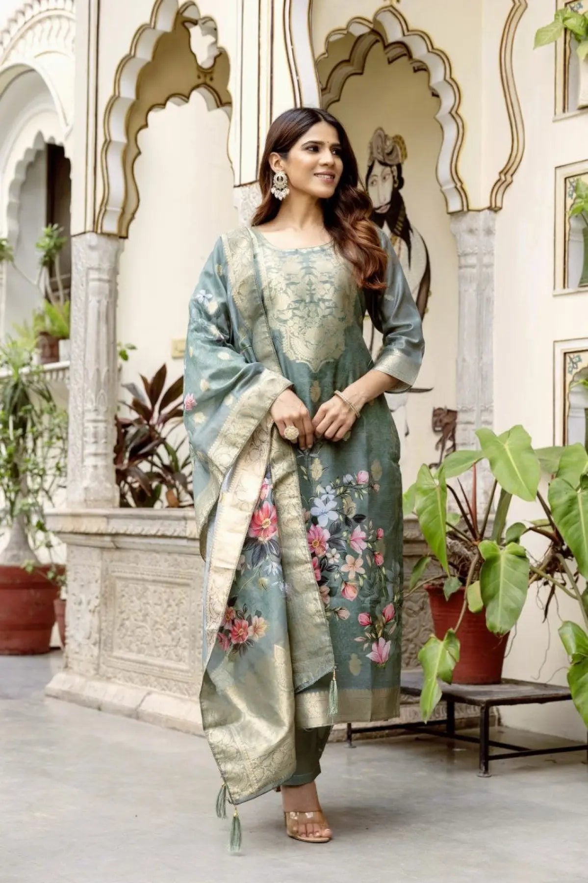 Chanderi Cotton Kurta Set with Printed Dupatta and Viscose Bottom Elegant Party Outfit RE