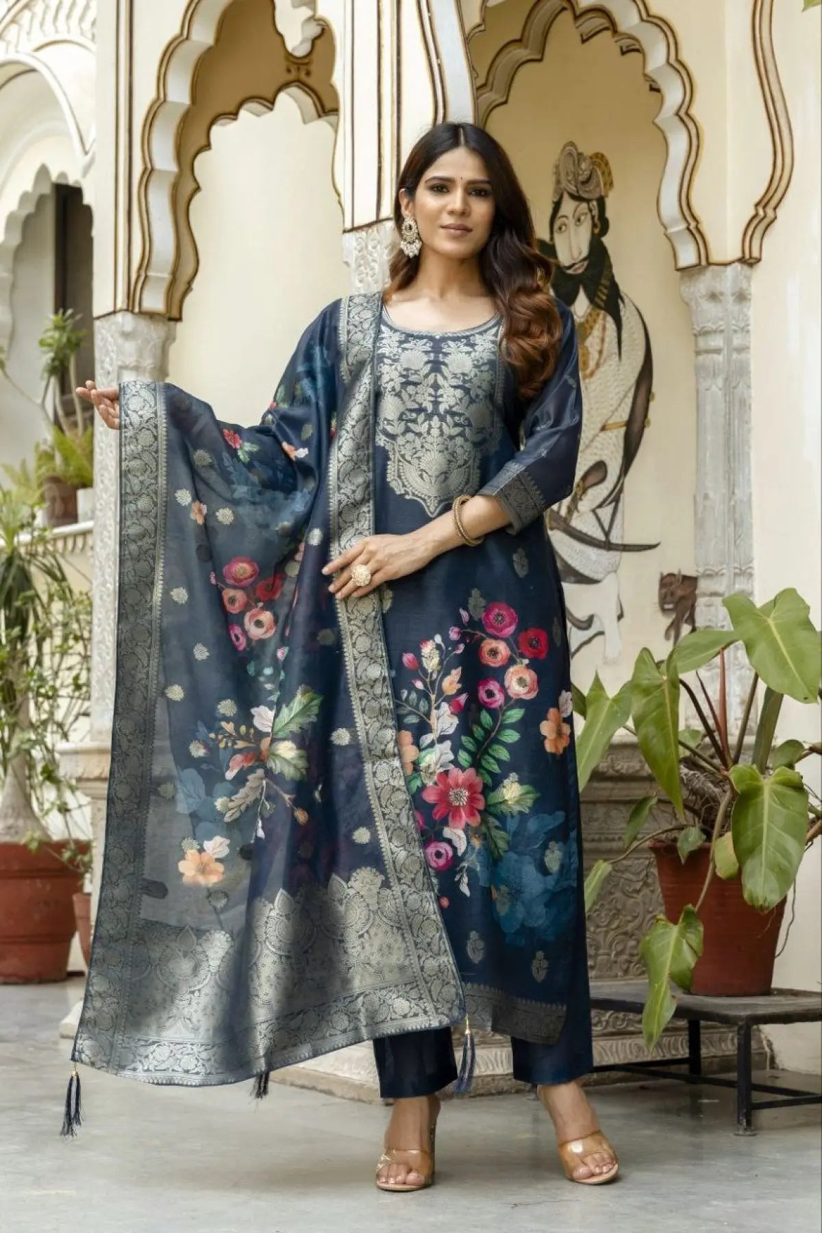 Chanderi Cotton Kurta Set with Printed Dupatta and Viscose Bottom Elegant Party Outfit RE