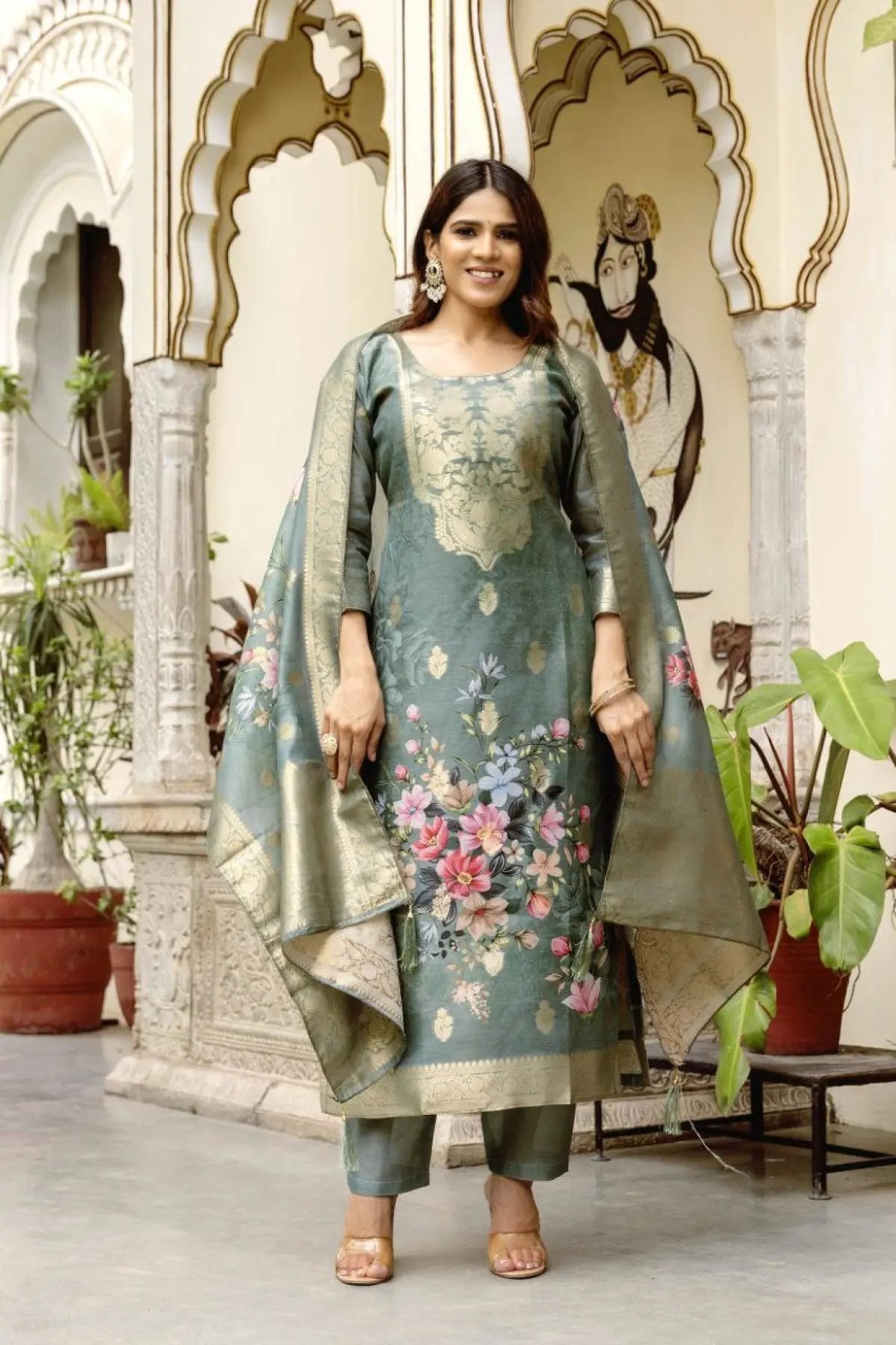 Chanderi Cotton Kurta Set with Printed Dupatta and Viscose Bottom Elegant Party Outfit RE