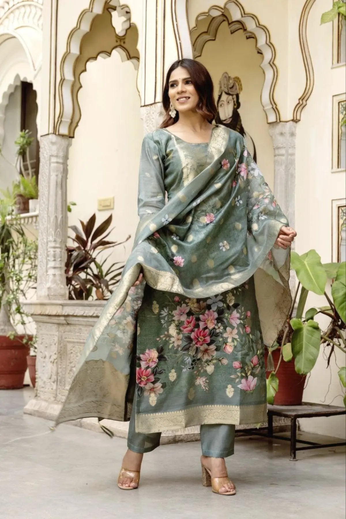Chanderi Cotton Kurta Set with Printed Dupatta and Viscose Bottom Elegant Party Outfit RE