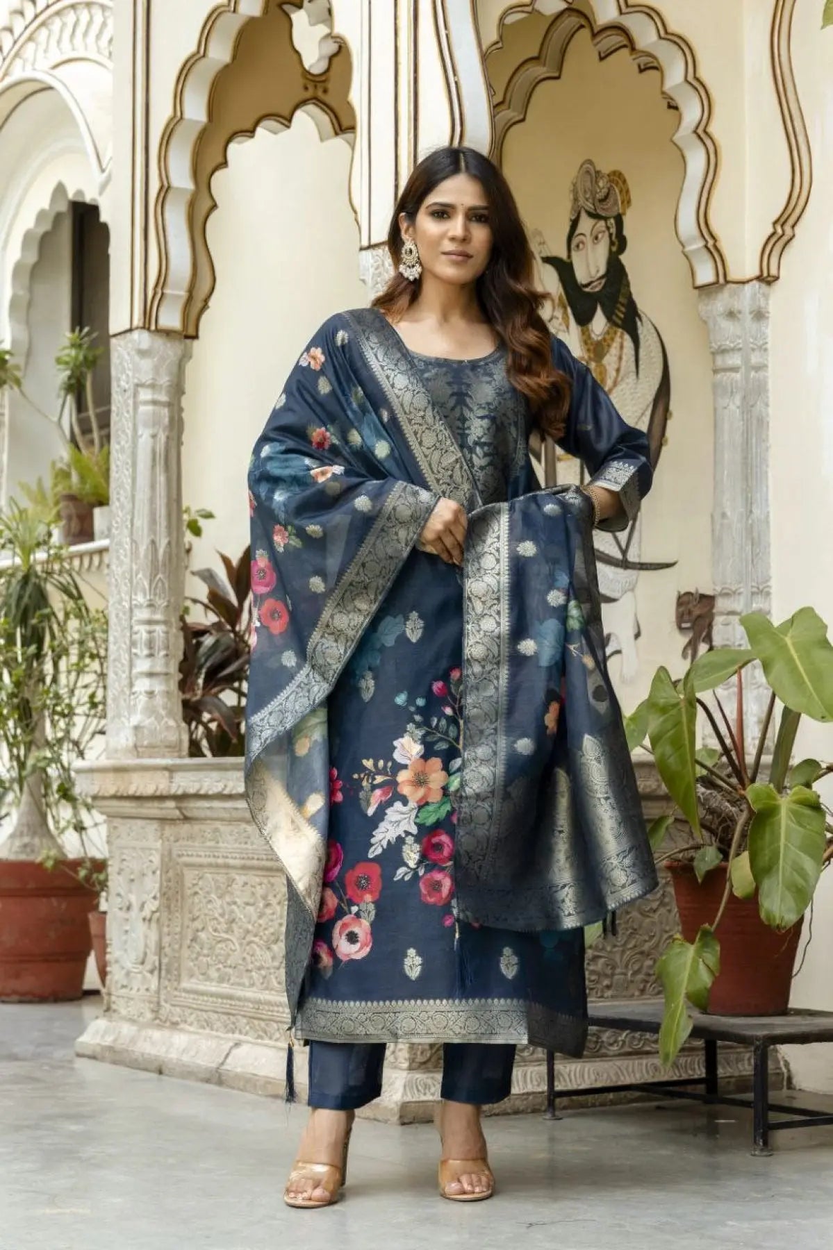 Chanderi Cotton Kurta Set with Printed Dupatta and Viscose Bottom Elegant Party Outfit RE