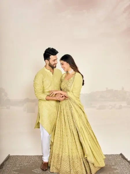Haldi Ceremony Couple Dress Georgette Lehenga with Kurta Pajama RE
