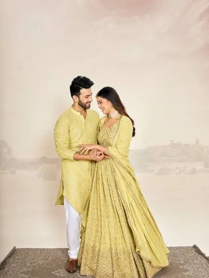 Haldi Ceremony Couple Dress Georgette Lehenga with Kurta Pajama RE