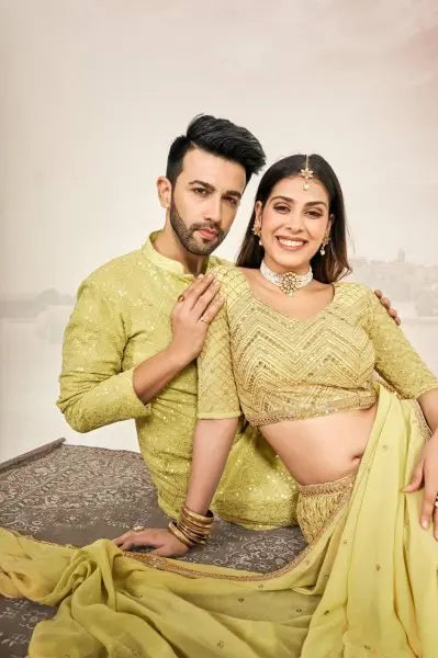 Haldi Ceremony Couple Dress Georgette Lehenga with Kurta Pajama RE