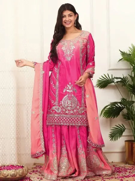 Two Tone Chinon Silk Plazzo Set with Sequence Work and Dupatta Ready to Wear RE
