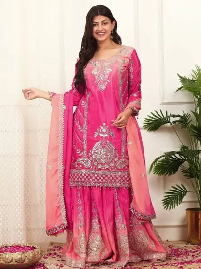 Two Tone Chinon Silk Plazzo Set with Sequence Work and Dupatta Ready to Wear RE