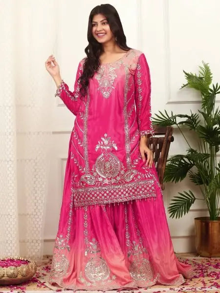 Two Tone Chinon Silk Plazzo Set with Sequence Work and Dupatta Ready to Wear RE