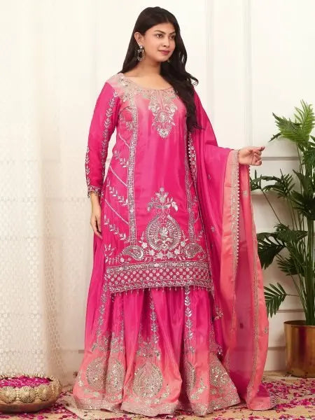 Two Tone Chinon Silk Plazzo Set with Sequence Work and Dupatta Ready to Wear RE