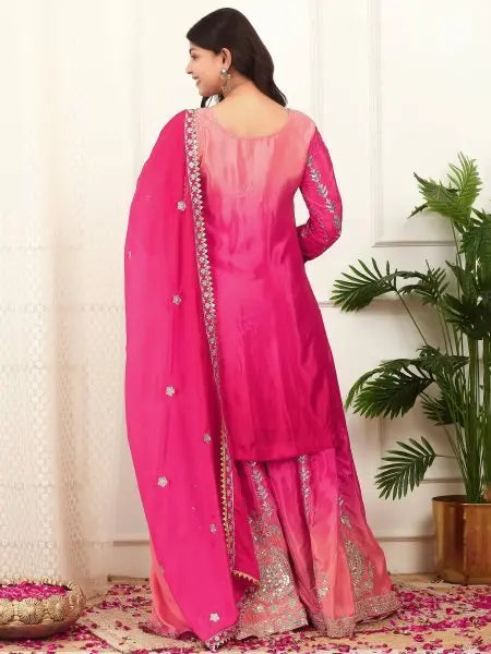 Two Tone Chinon Silk Plazzo Set with Sequence Work and Dupatta Ready to Wear RE