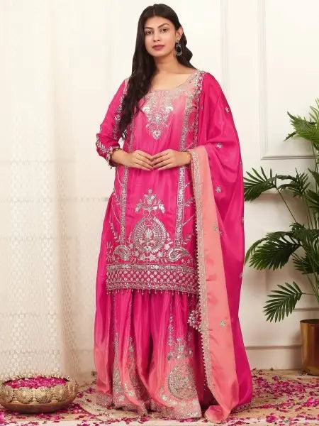 Two Tone Chinon Silk Plazzo Set with Sequence Work and Dupatta Ready to Wear RE