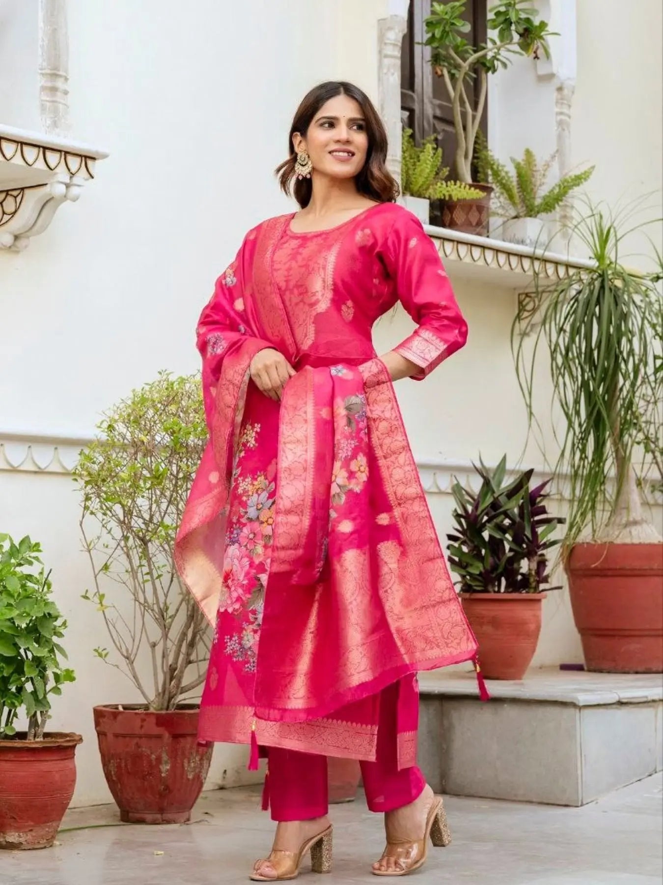 Chanderi Cotton Kurta Set with Printed Dupatta and Viscose Bottom Elegant Party Outfit RE