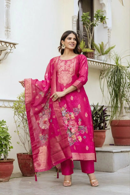 Chanderi Cotton Kurta Set with Printed Dupatta and Viscose Bottom Elegant Party Outfit RE