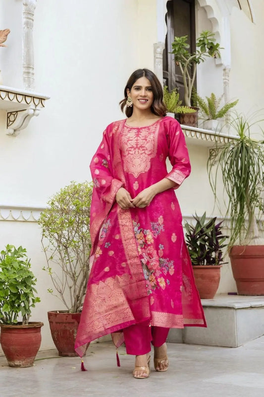 Chanderi Cotton Kurta Set with Printed Dupatta and Viscose Bottom Elegant Party Outfit RE