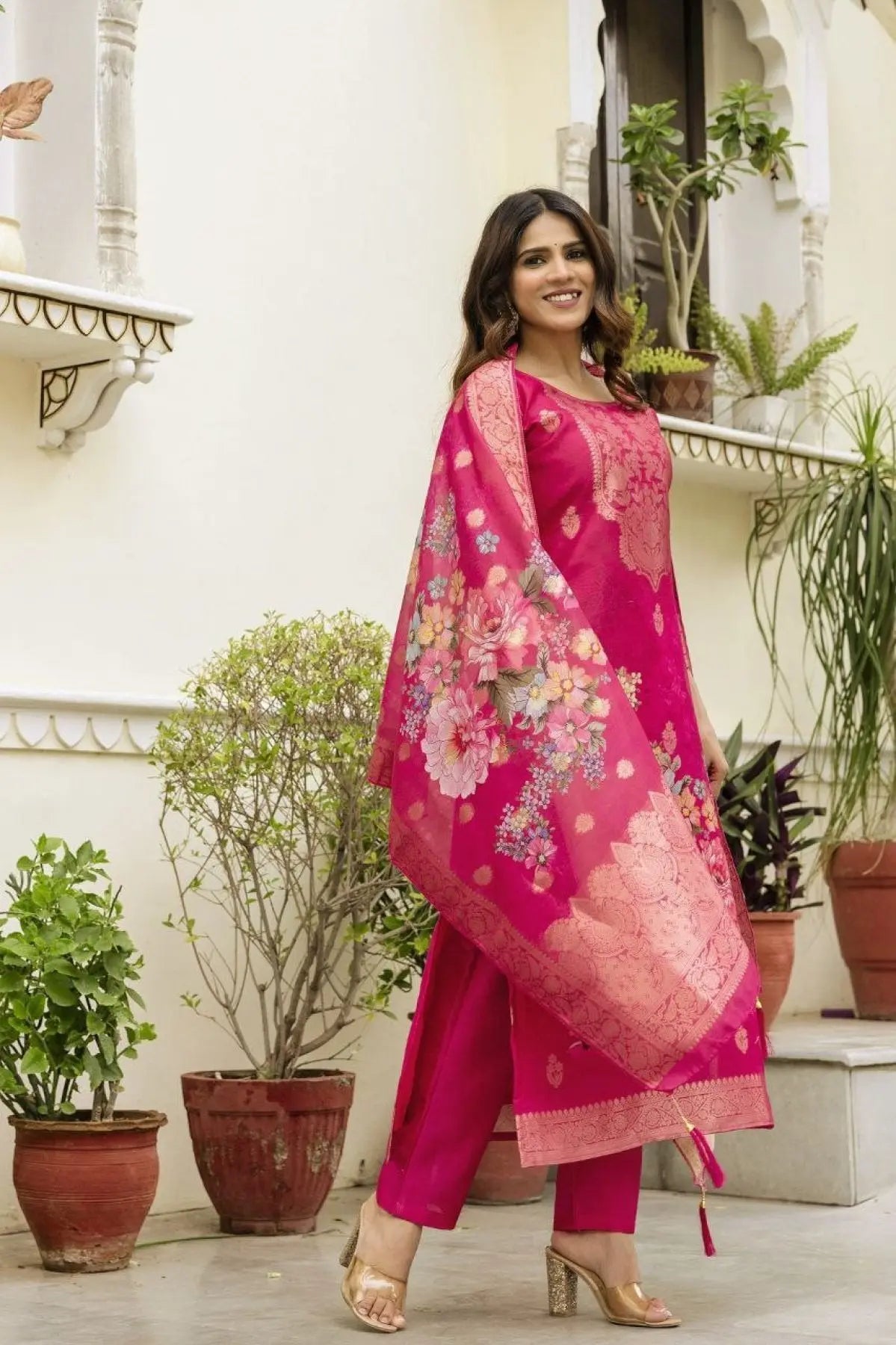 Chanderi Cotton Kurta Set with Printed Dupatta and Viscose Bottom Elegant Party Outfit RE