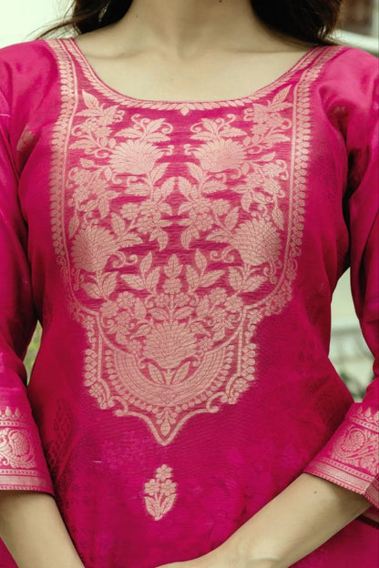 Chanderi Cotton Kurta Set with Printed Dupatta and Viscose Bottom Elegant Party Outfit RE