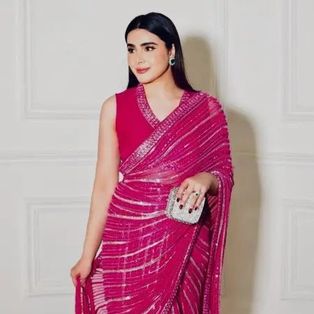 Hot Pink Satin Silk Saree with Matching Blouse Perfect for Partywear Look RE