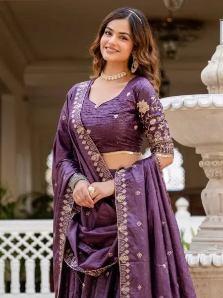 Imperial Purple Crush Silk Lehenga Set with Zari Embroidery Perfect for Festive Nights RE