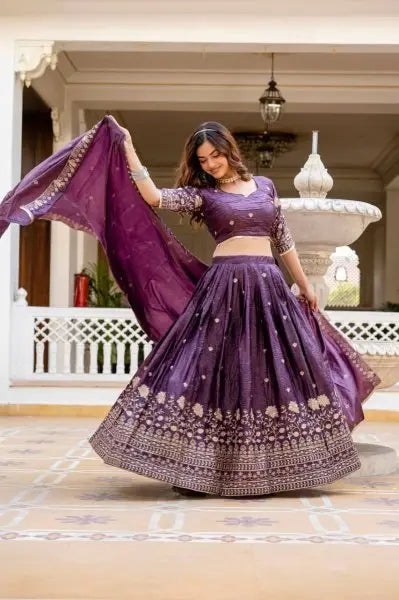 Imperial Purple Crush Silk Lehenga Set with Zari Embroidery Perfect for Festive Nights RE