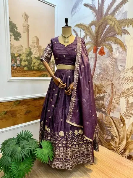 Imperial Purple Crush Silk Lehenga Set with Zari Embroidery Perfect for Festive Nights RE