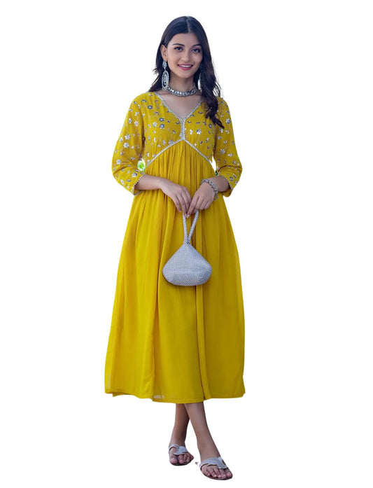 Women's Cotton Mustard embroidery work Georgette kurta set Size -M BazaarBag