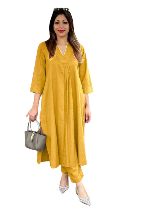 Yellow Color Embroidered Cotton Co-Ord Set For Women's and Girls Casual Wear Size-M BazaarBag