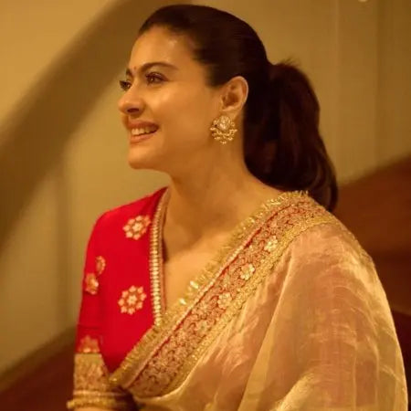 Kajol Inspired Golden Net Saree with Red Embroidery Blouse for Bollywood Collection RE