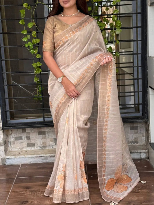 Kotha Tissue Silk Saree with Aari and Mirror Work Elegant Festive Wear with Pearl Latkan RE