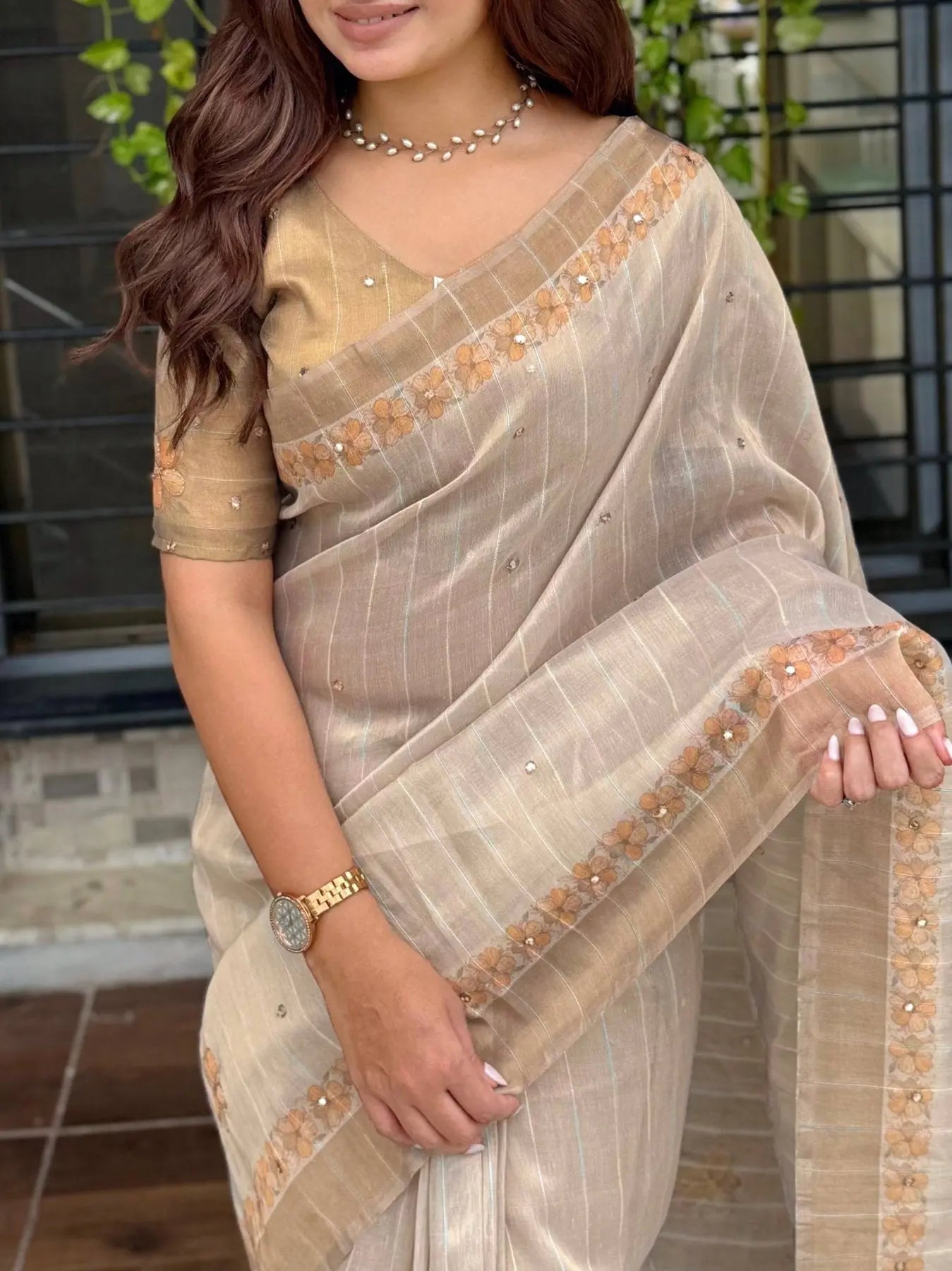 Kotha Tissue Silk Saree with Aari and Mirror Work Elegant Festive Wear with Pearl Latkan RE