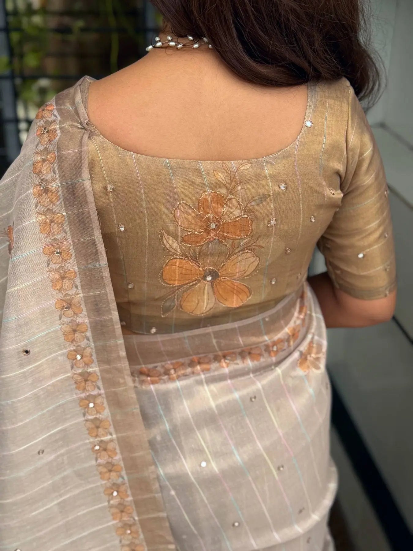 Kotha Tissue Silk Saree with Aari and Mirror Work Elegant Festive Wear with Pearl Latkan RE