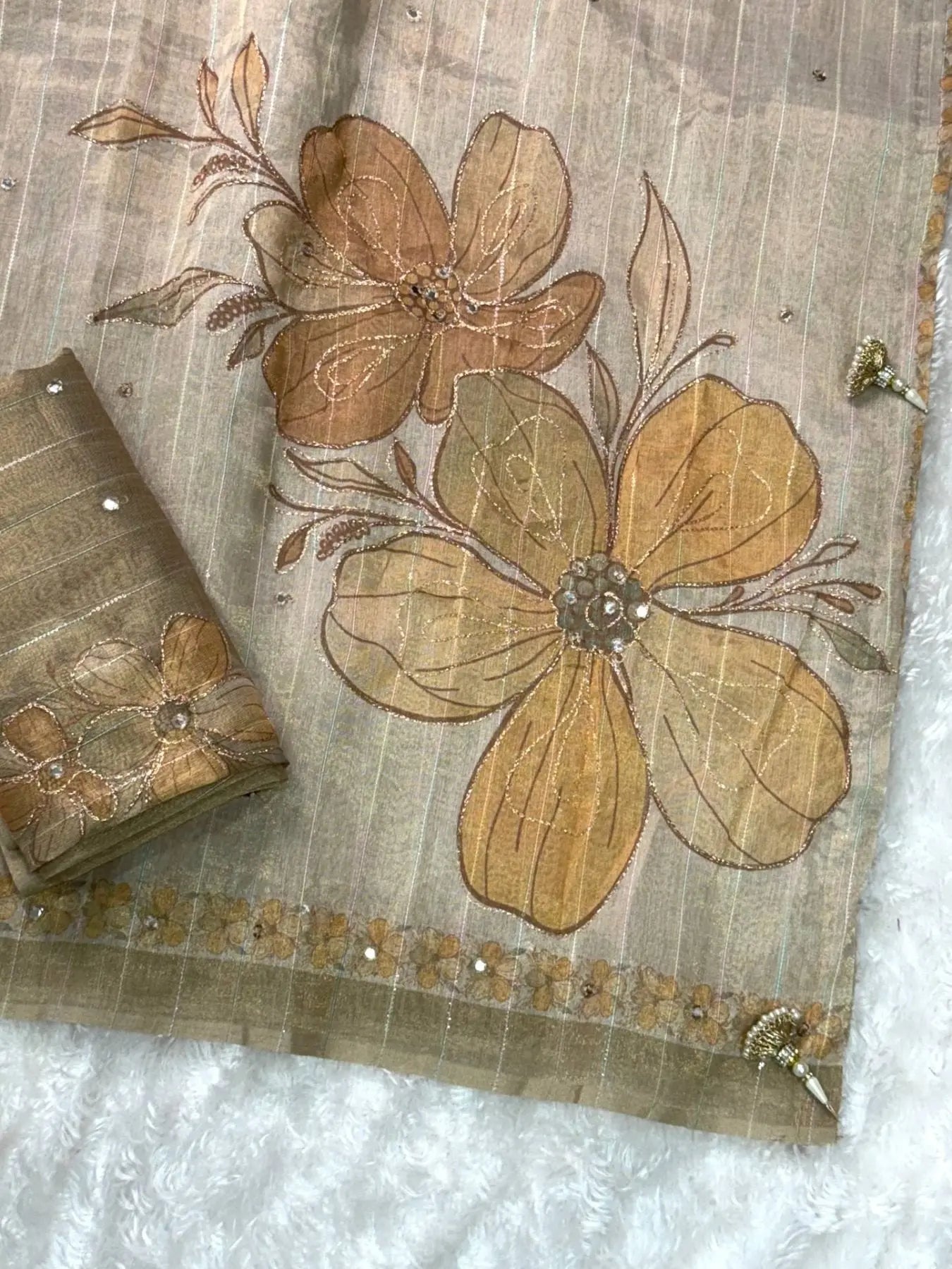 Kotha Tissue Silk Saree with Aari and Mirror Work Elegant Festive Wear with Pearl Latkan RE