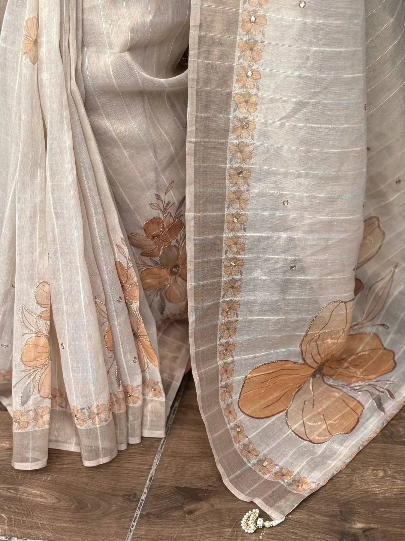 Kotha Tissue Silk Saree with Aari and Mirror Work Elegant Festive Wear with Pearl Latkan RE