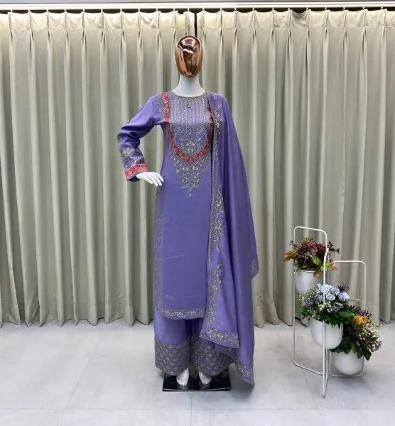 Lavender Palazzo Set with Heavy Embroidery Work and Dupatta Trending 2025 Fashion RE