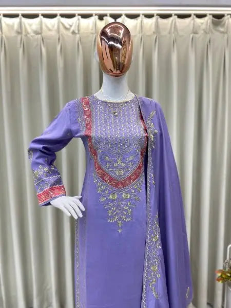 Lavender Palazzo Set with Heavy Embroidery Work and Dupatta Trending 2025 Fashion RE