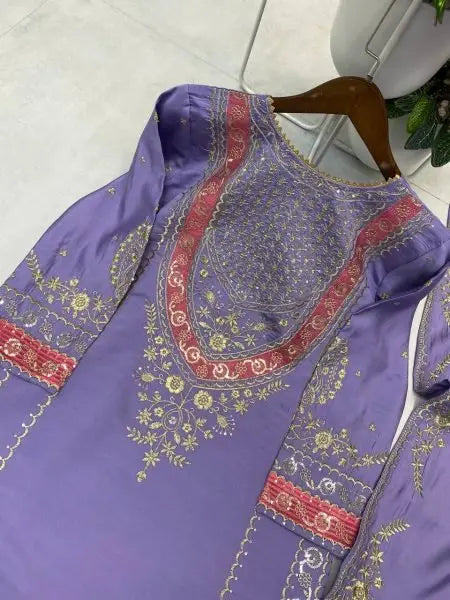 Lavender Palazzo Set with Heavy Embroidery Work and Dupatta Trending 2025 Fashion RE