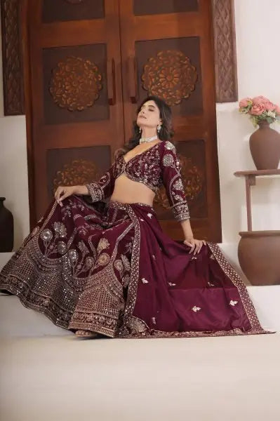 Lovely Wine Sequins Chinon Bridesmaid Lehenga Choli With Dupatta RE