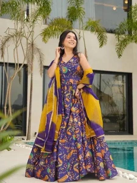 Elegant Anarkali Gown in Tabby Silk Plus Size Ready with Designer Dupatta RE