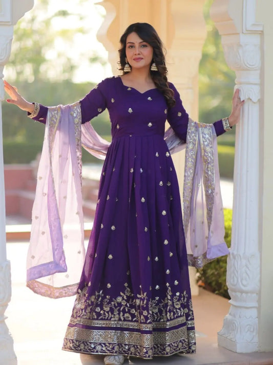 Luxury Purple Embroidered Anarkali Gown with Sequins Work for Party Wear RE