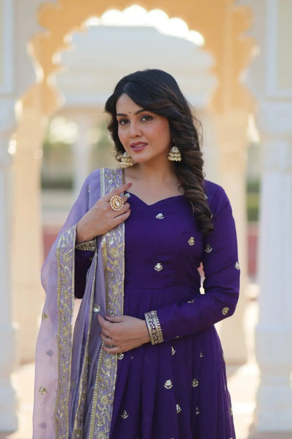 Luxury Purple Embroidered Anarkali Gown with Sequins Work for Party Wear RE