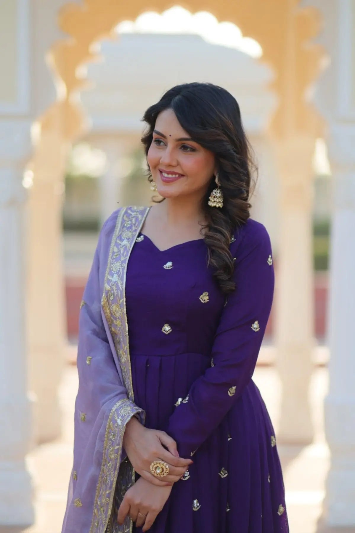 Luxury Purple Embroidered Anarkali Gown with Sequins Work for Party Wear RE
