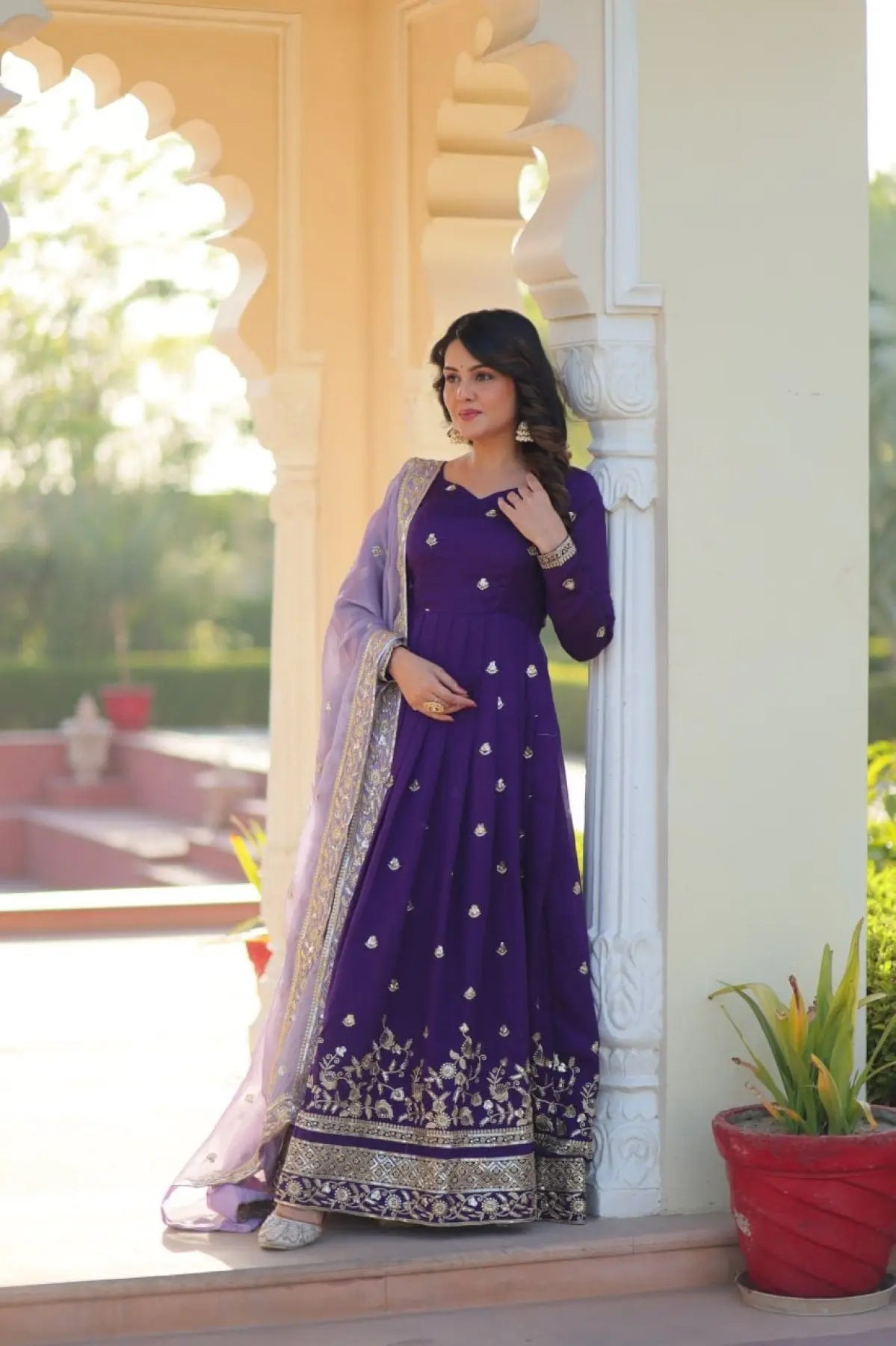 Luxury Purple Embroidered Anarkali Gown with Sequins Work for Party Wear RE