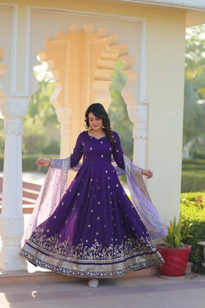 Luxury Purple Embroidered Anarkali Gown with Sequins Work for Party Wear RE