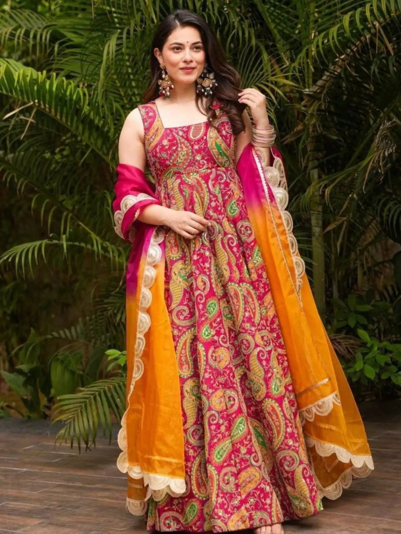 Stylish Magenta Organza Silk Digital Print Anarkali Gown with Heavy Flair and Lace Dupatta RE