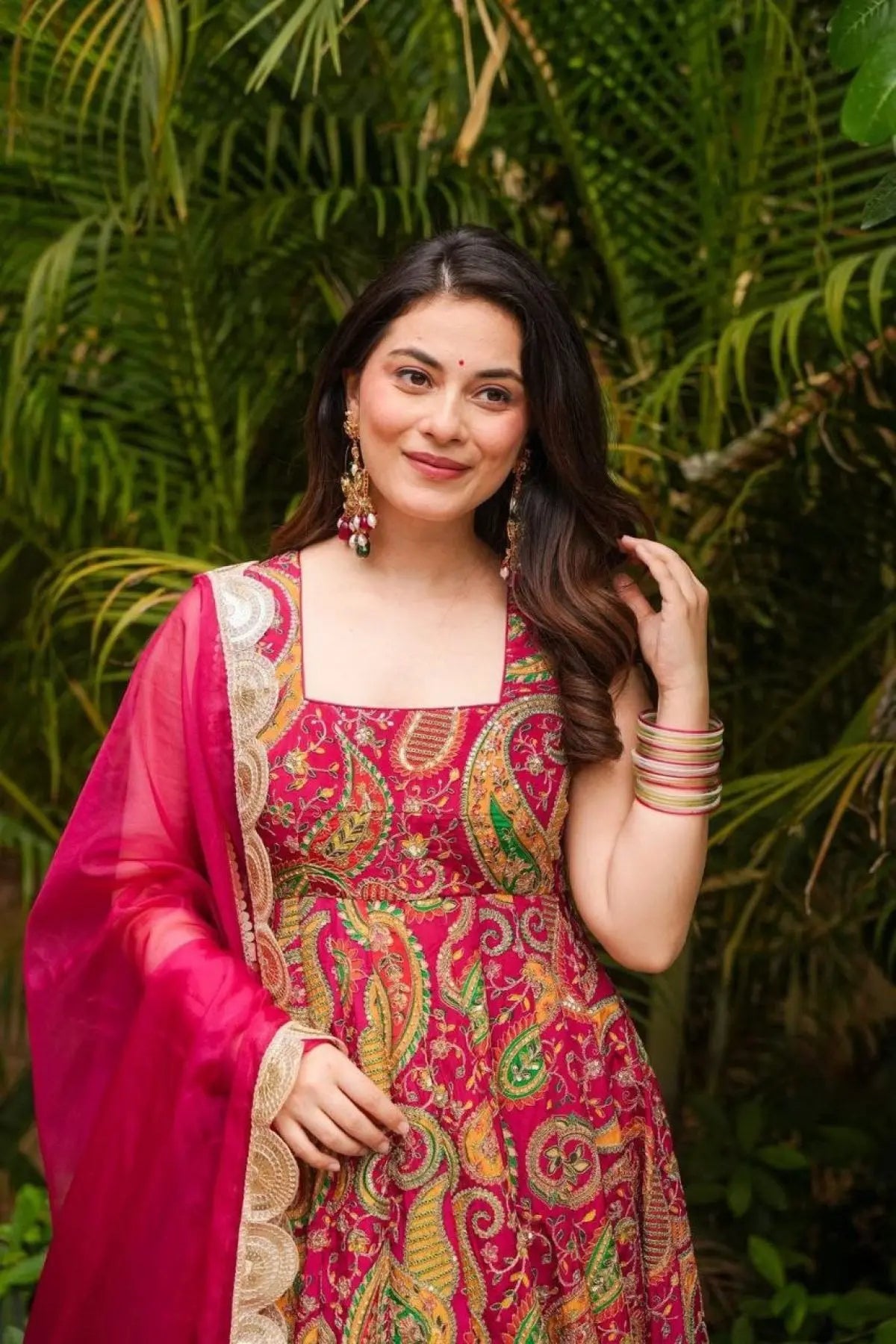 Stylish Magenta Organza Silk Digital Print Anarkali Gown with Heavy Flair and Lace Dupatta RE