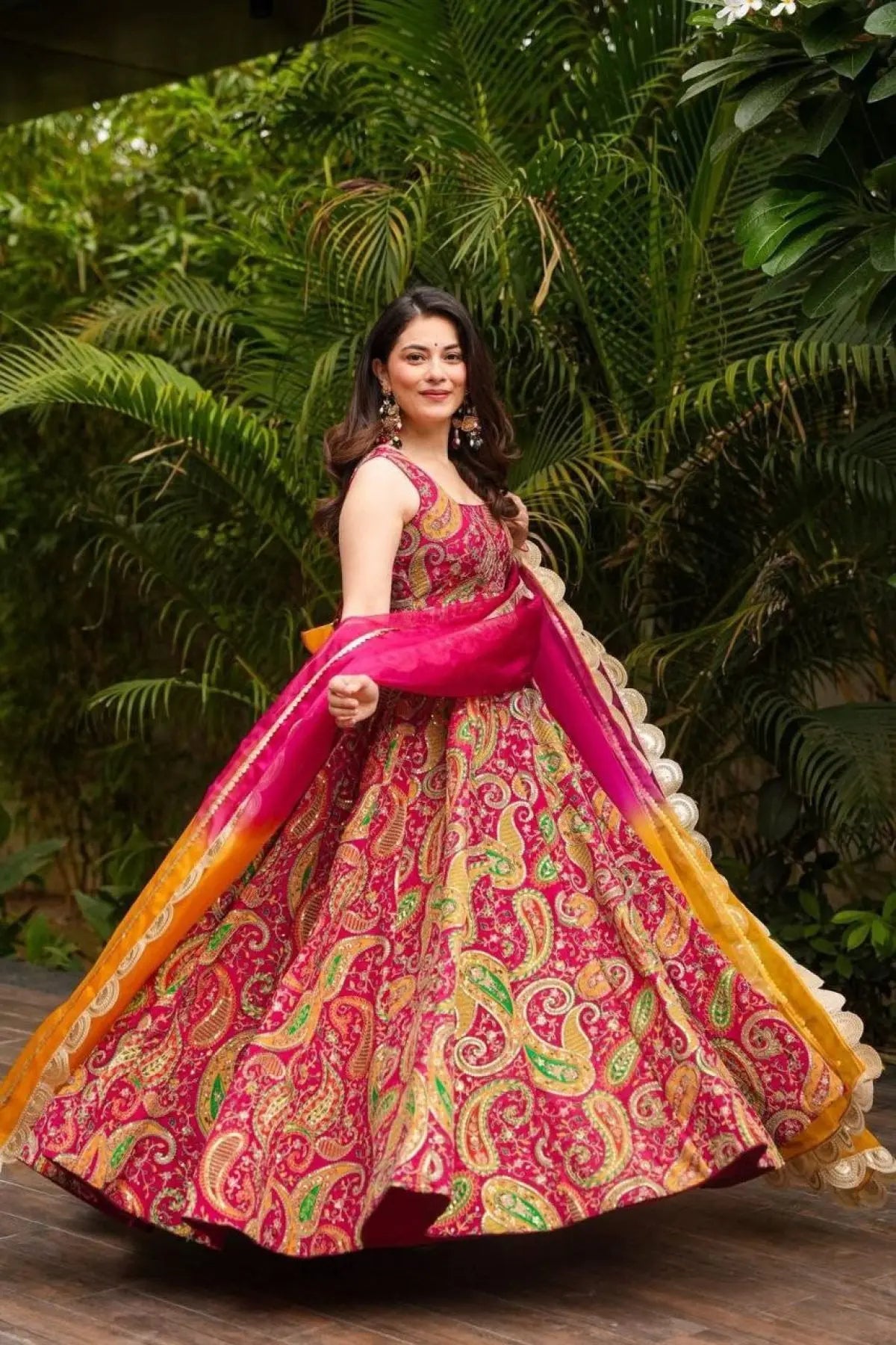 Stylish Magenta Organza Silk Digital Print Anarkali Gown with Heavy Flair and Lace Dupatta RE