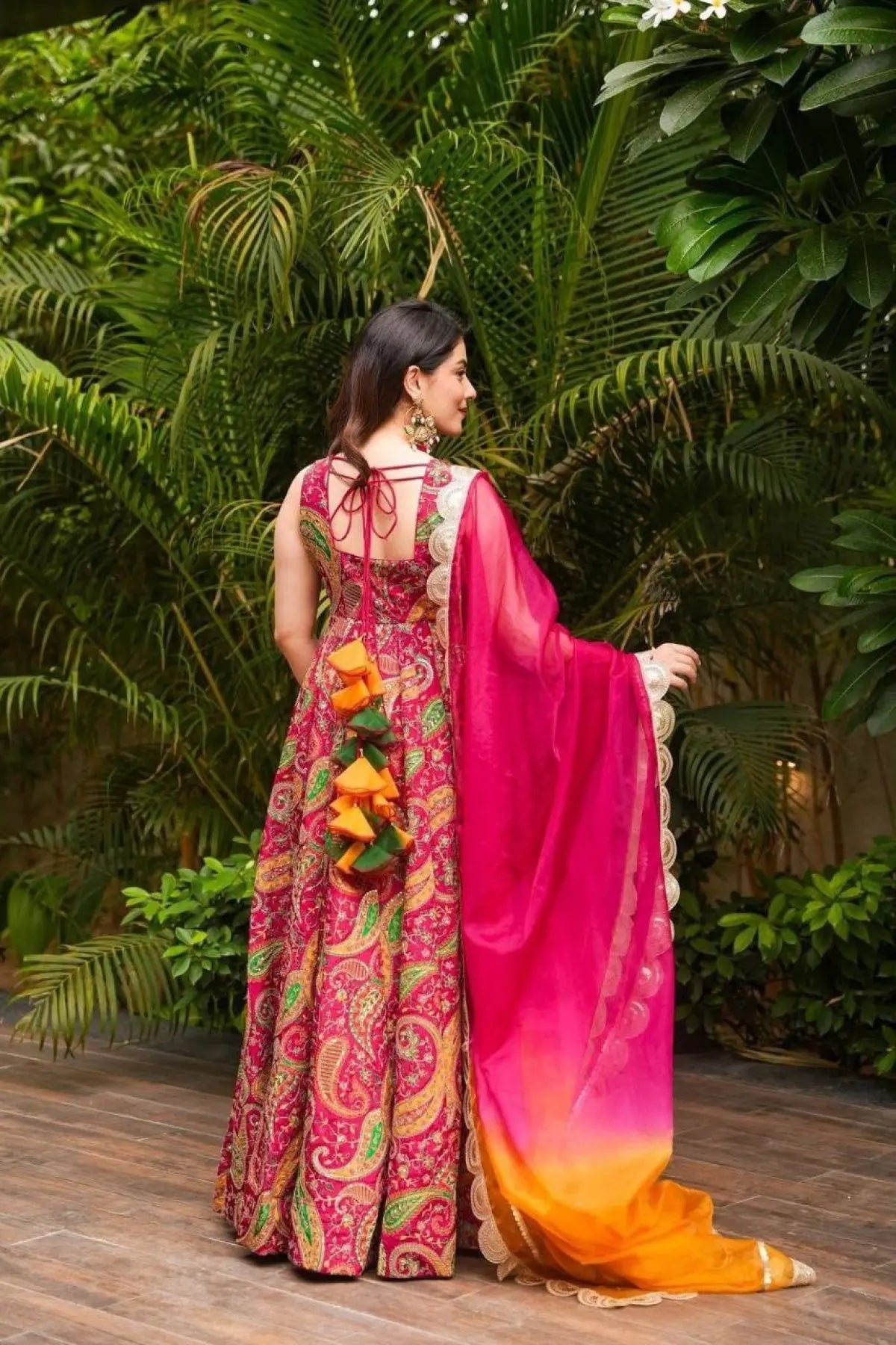 Stylish Magenta Organza Silk Digital Print Anarkali Gown with Heavy Flair and Lace Dupatta RE