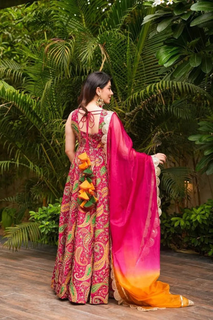 Stylish Magenta Organza Silk Digital Print Anarkali Gown with Heavy Flair and Lace Dupatta RE