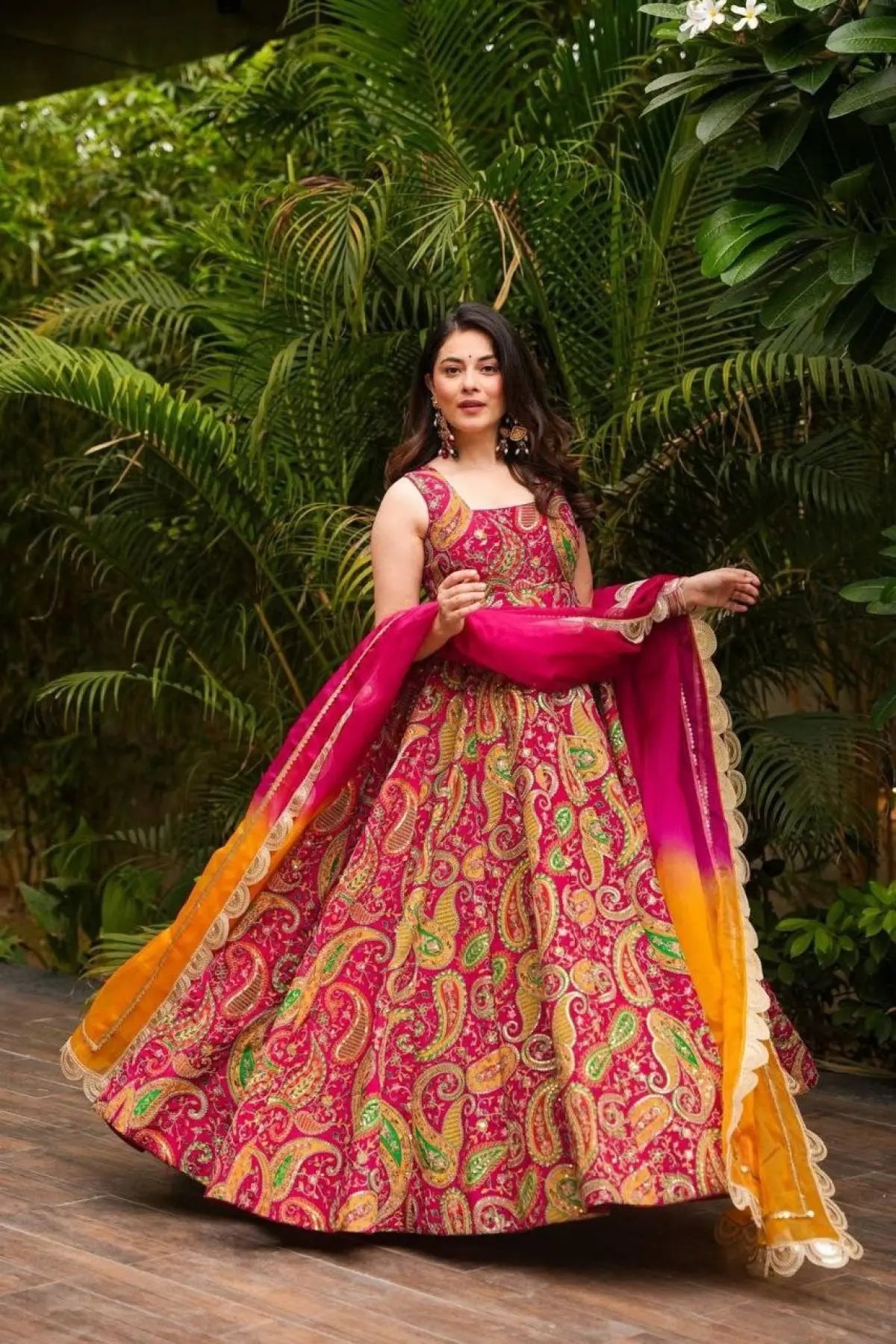 Stylish Magenta Organza Silk Digital Print Anarkali Gown with Heavy Flair and Lace Dupatta RE